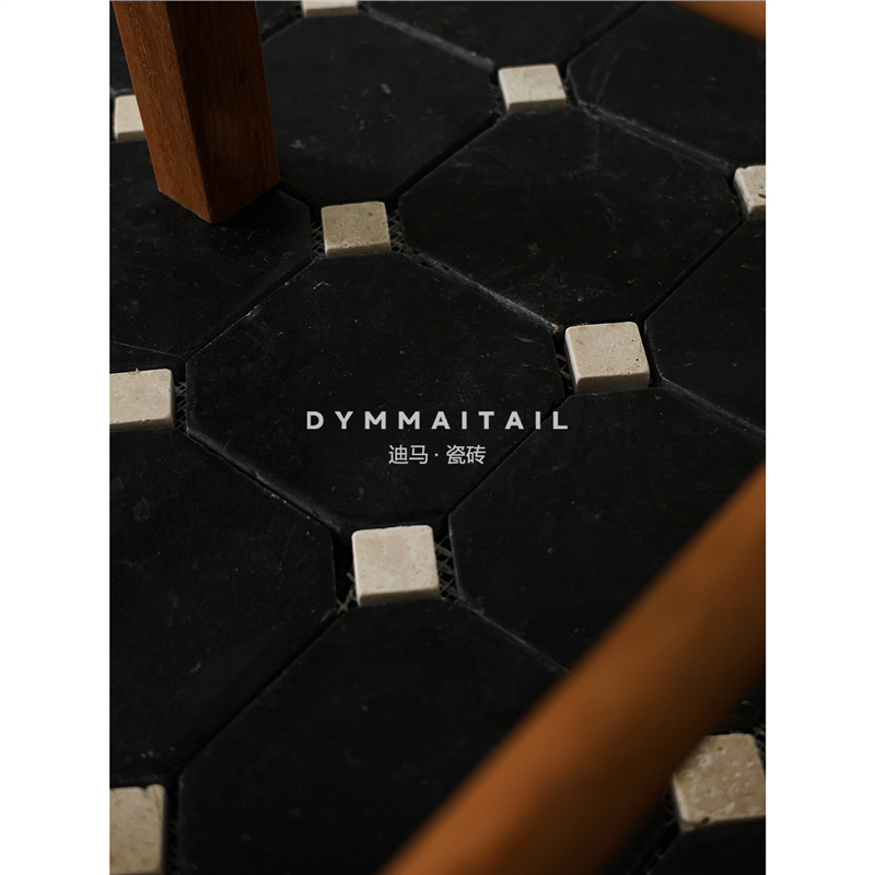 Black Retro Lime Stone Octagonal Mosaic Bathroom Coffee Shop Commercial Space B&B Matte Stone Floor Tiles