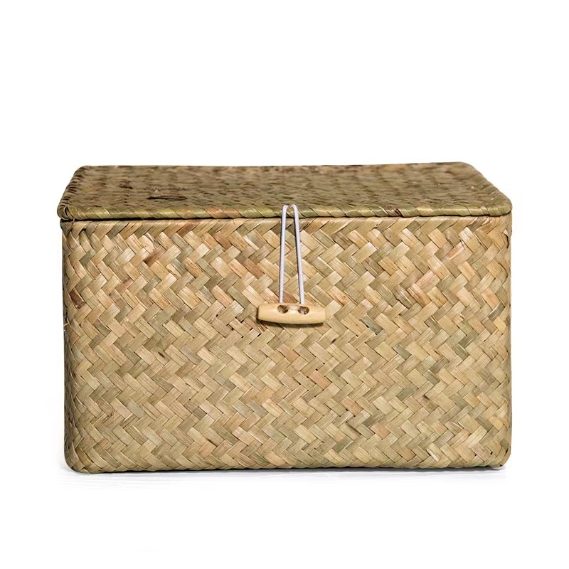 Hand-Woven Seagrass Woven Cosmetic Gift Storage Box with Black Buckle and Flat Lid Straw Woven Storage Basket Accompanying Gift Box