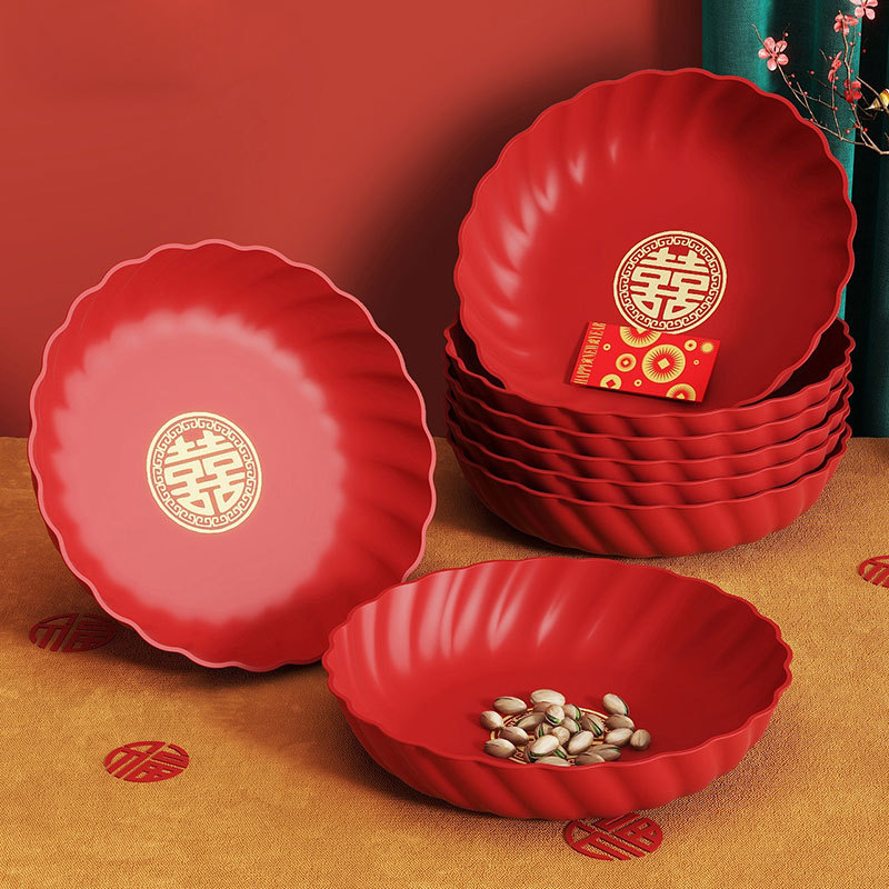 New Thickened New Year Wedding Plastic Red Tray Chinese Wedding Candy Dried Fruit Plate Wedding Plate