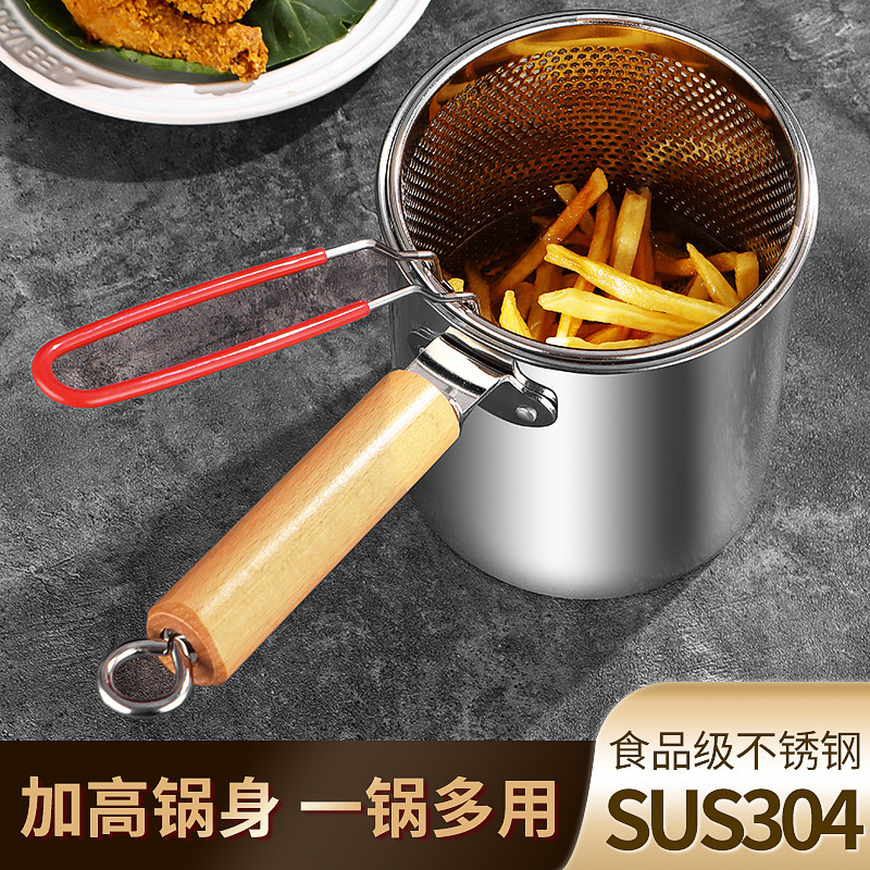 304 Stainless Steel Fryer Large Capacity Oil Filter Wooden Handle Fryer Kitchen Fuel Saving Pot with Filter Deep Pot with Lid