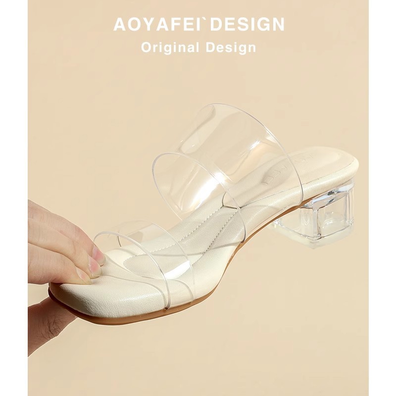 Sheepskin version ~ stepped on excrement transparent crystal high heel sandals 2025 summer new transparent with square head high heels