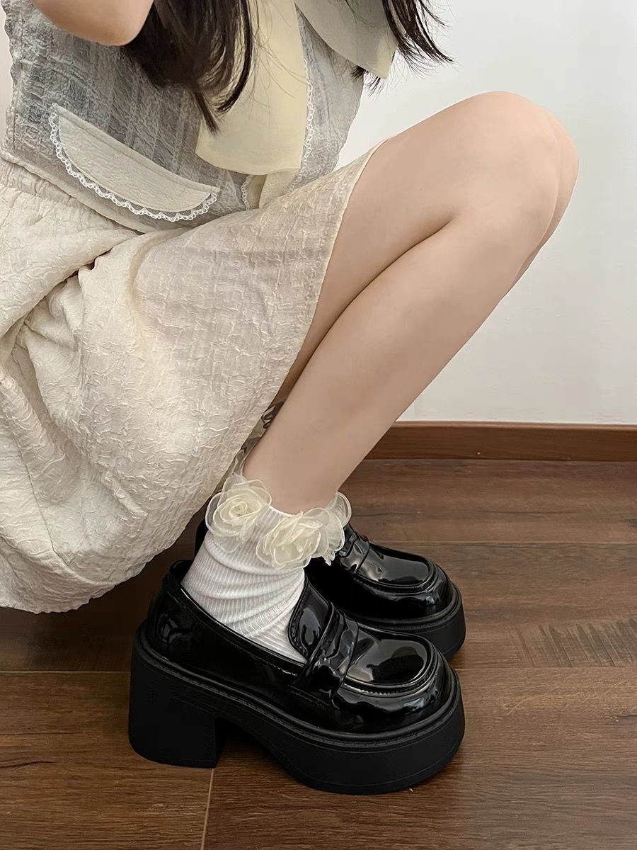 Retro British Style Black Thick Heel Heightening Thick-Soled Small Leather Shoes for Women Summer 2024 New High-Heeled French Loafers