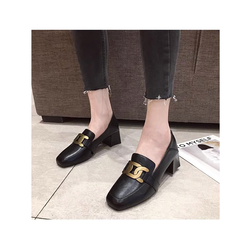 Thick High-Heeled Shoes for Women 2025 Spring New Korean Style Small Leather Shoes French Brown Square Toe Loafers Genuine Leather