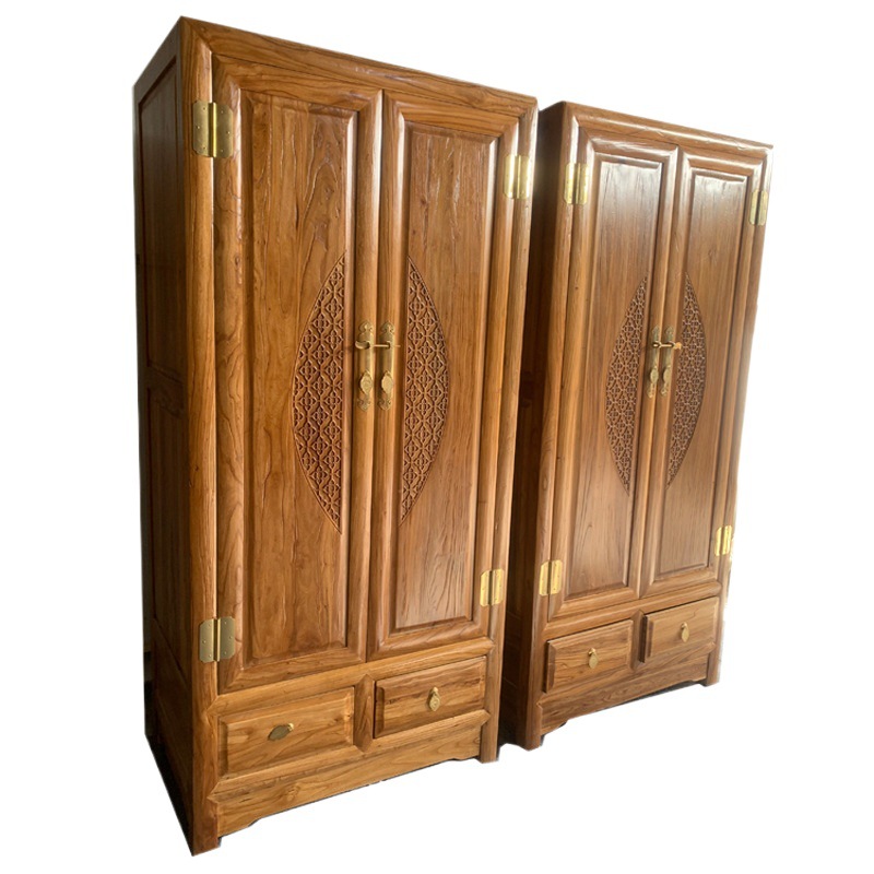 Pure Solid Wood Wardrobe Storage Cabinet Old Elm Furniture Wardrobe Quilt Storage Cabinet Four-Door Solid Wood Vertical Cabinet Wardrobe