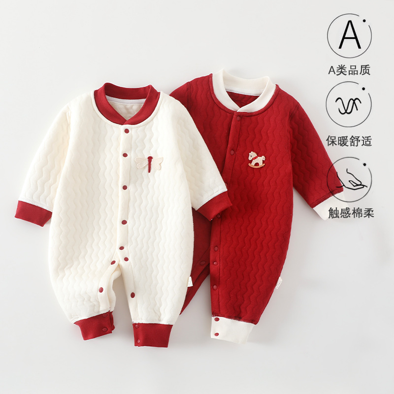 Комбинезон для младенцев осень и зима стеганая термоодежда 100% хлопок утолщенный для ползания зимняя красная одежда для новогодних поздравлений
