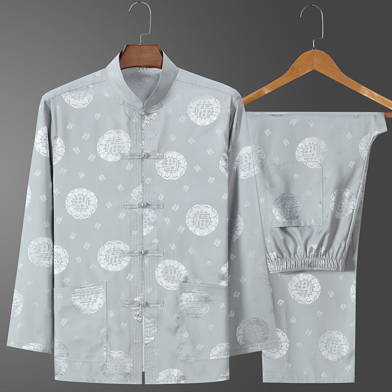 Elderly Tang Suit Men's Ice Silk Long-Sleeved Summer Middle-Aged and Elderly Birthday Grandpa Suit Chinese Style Dad Spring & Fall Suit