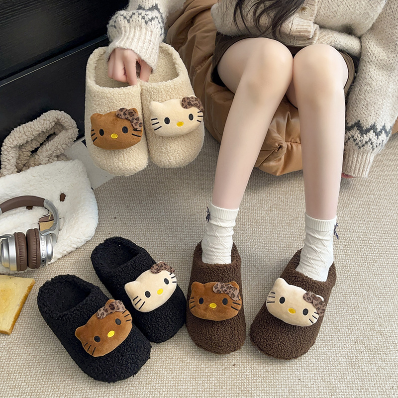 Cute Kt Cat Toe-Toe Furry Slippers for Women to Wear Outside in Autumn and Winter New Flats-Soled Home Warm Fleece-Lined Birkenstock Cotton Slippers