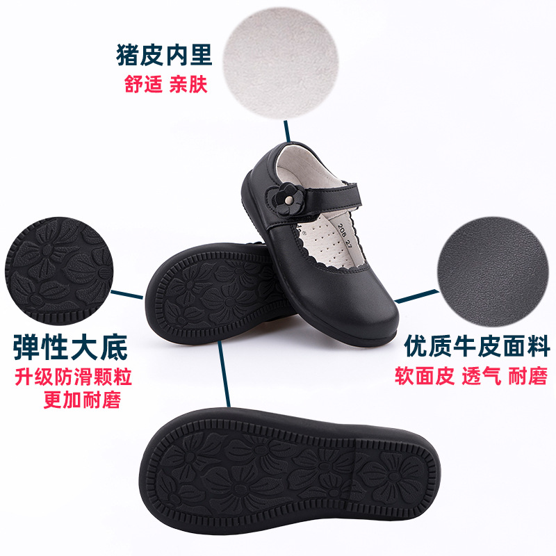 Girls Black Student Leather Shoes Mute Top School Shoes Performance Shoes Matte Casual Soft-soled Princess Shoes Handmade for Middle School Children
