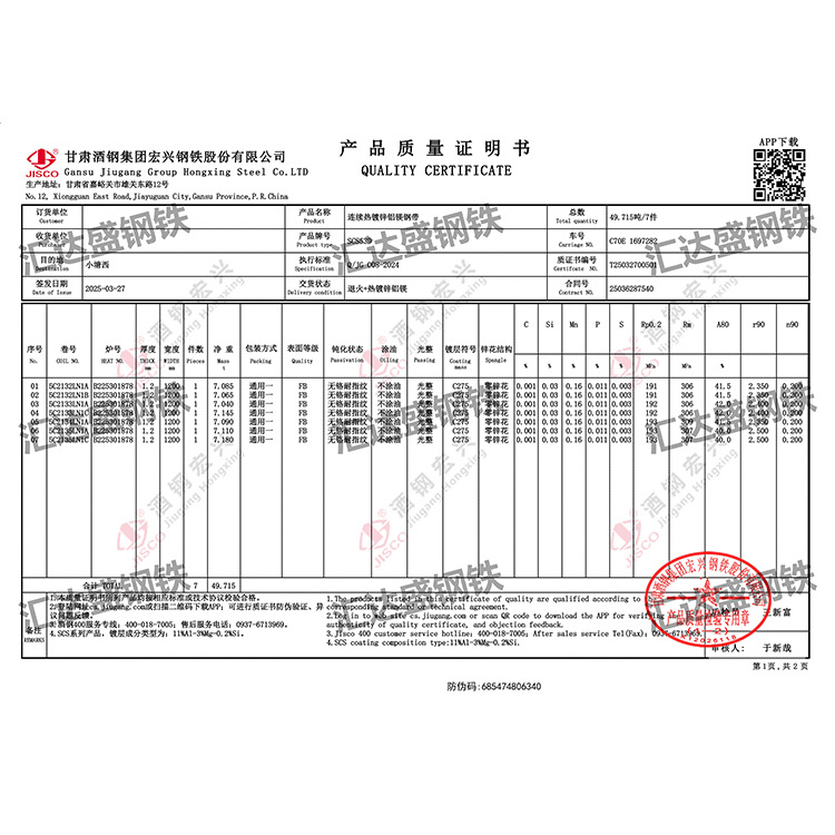 Guangdong Jiugang Zinc-Aluminum-Magnesium Steel Plate Scs53D-C275 White Iron Sheet Self-Repairing Stampable Aluminum-Magnesium-Zinc Plated Plate