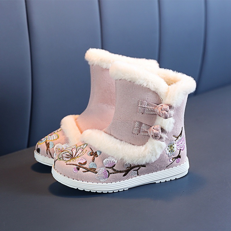 Hanfu Shoes Girls Autumn and Winter New Antique fleece-lined Thickened Cotton Boots Snow Boots New Year Children's Embroidered Shoes