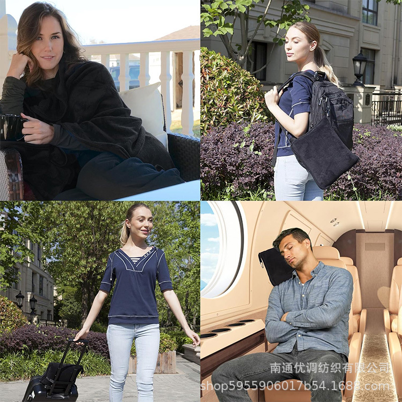 Travel Airplane Bag Lunch Break Shawl Blanket with Buckle Flannel Folding Leisure Blanket Double-Sided Velvet Storage Blanket Ready for Sale