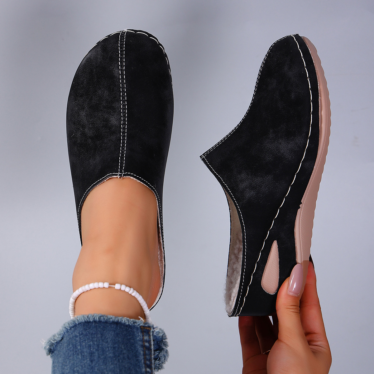 Cross-Border Women's Toe-Toe Thick-Soled Slippers 2025 Export Autum New Large Size Round-Toe Fleece-Lined Wedge-Heeled Slippers Wholesale