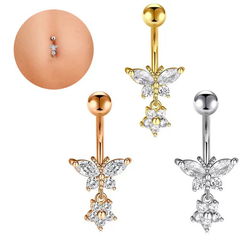 Популярное европейское и американское кольцо для пупка с бабочкой и бриллиантами, сексуальное простое украшение для пирсинга
