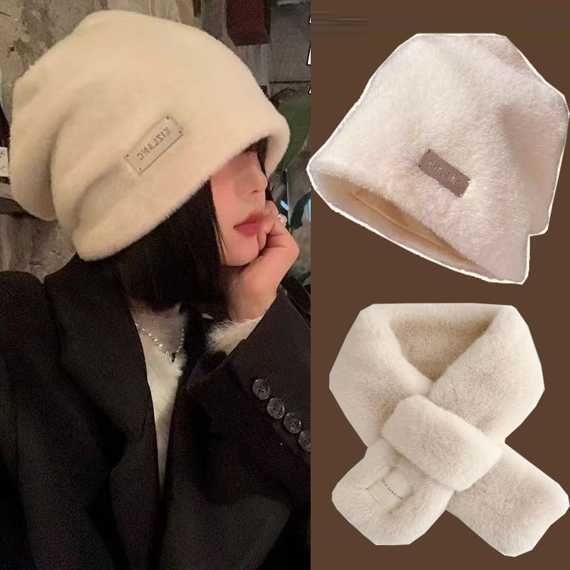 Rabbit Fur Pile Hat Women's Autumn and Winter New Cold-Proof and Warm White Plush Fisherman Hat Scarf Set Bucket Hat
