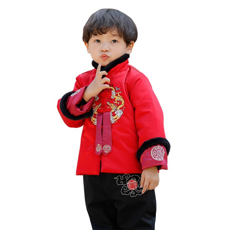 Children's Cotton Hanfu Suit Chinese Style Winter Tang Suit Wool Collar Thickened New Style Cotton Clothes Two-piece Set for Boys and Girls