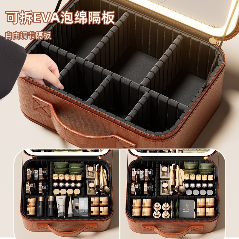High-End Cosmetic Bag with Led Light and Mirror, Portable Large-Capacity Detachable Storage Cosmetic Case
