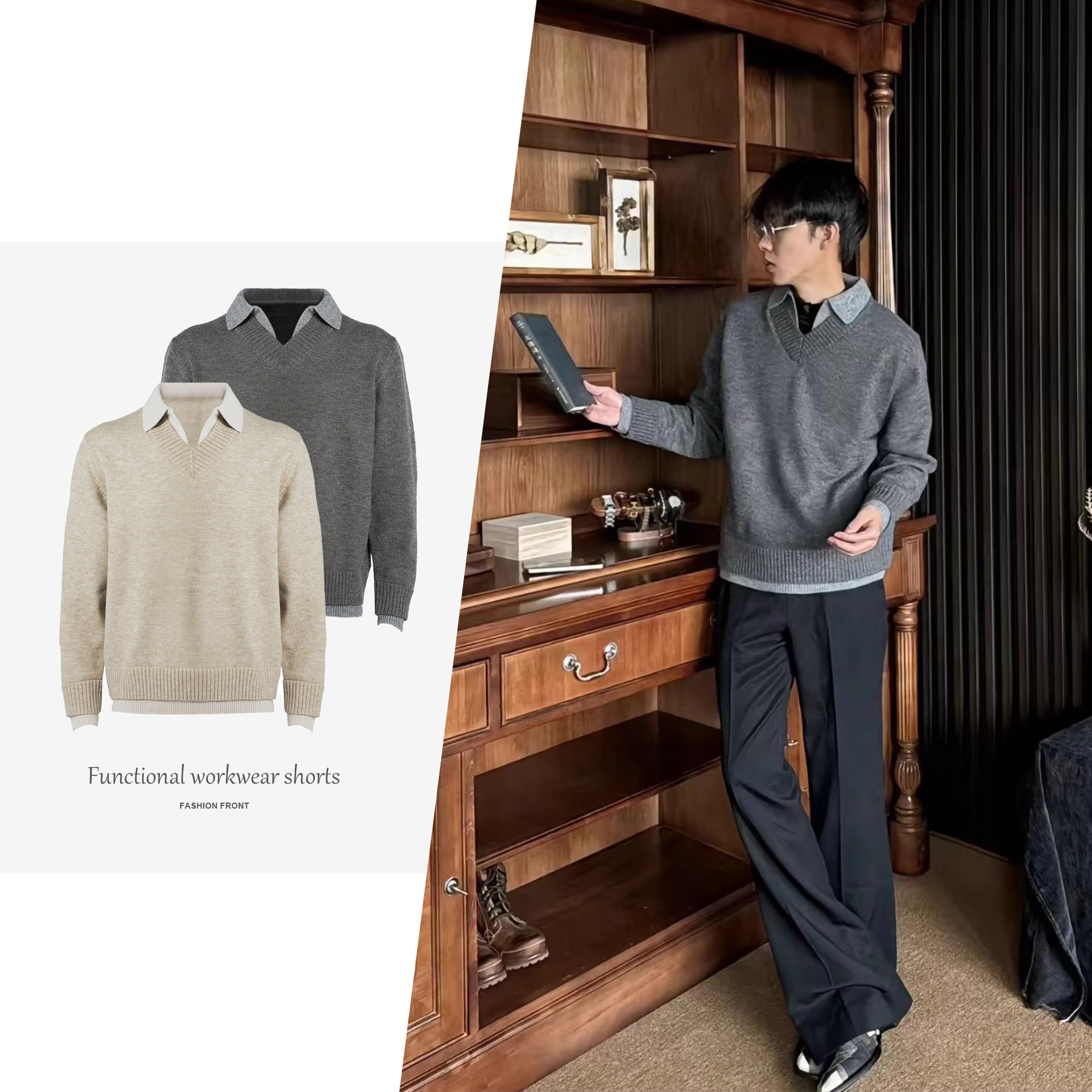 [Csmy] Свитер с фальшивкой в два предмета, V-образный вырез, имитация кашемира, атмосфера старых денег