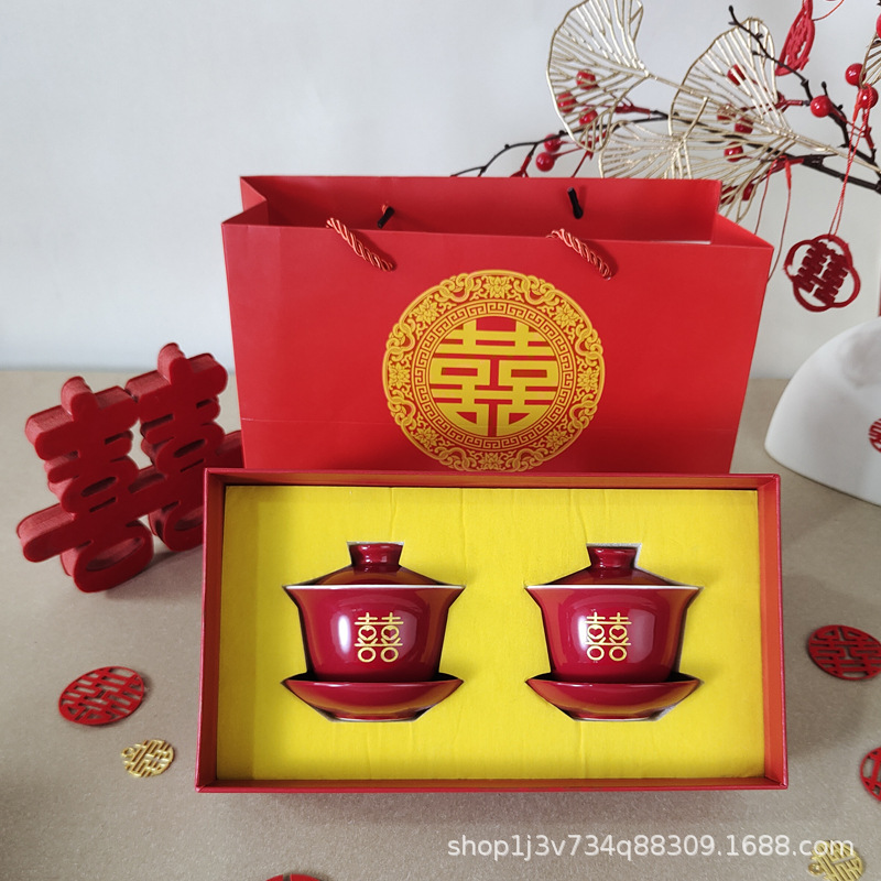Newlywed Wedding Modified Carved Gilt Tea Cup Wedding Tea Cup Set Wine Red Carved High-end Tea Ceremony Bowl