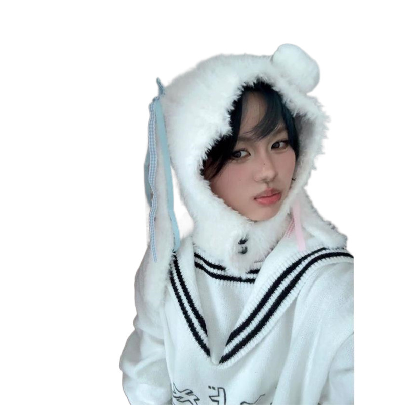 Autumn and winter knitted hat y2k cute color contrast hat balaclava wrap hat knitted hairy rabbit ear hat
