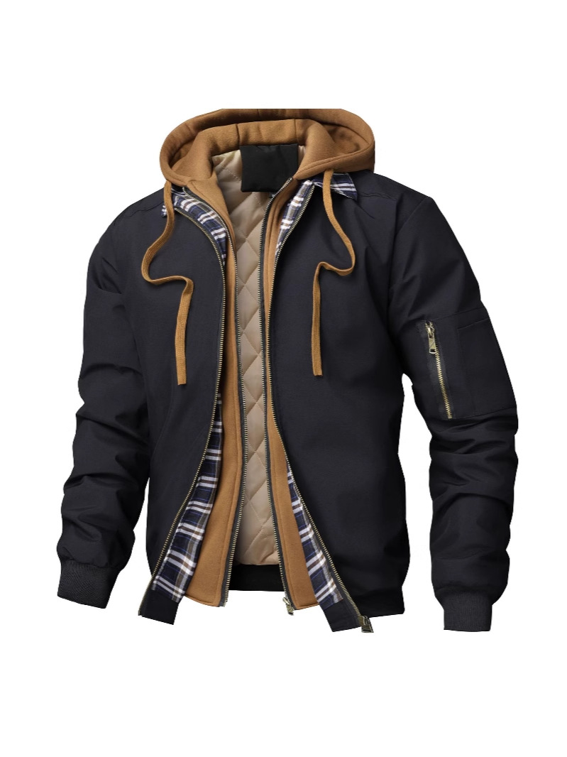 [2025 New Style] Foreign Trade Hot Spring Autumn and Winter Men's Jacket Jacket Quilted Cotton Sweatshirt Hat Fake Two-Piece Youth