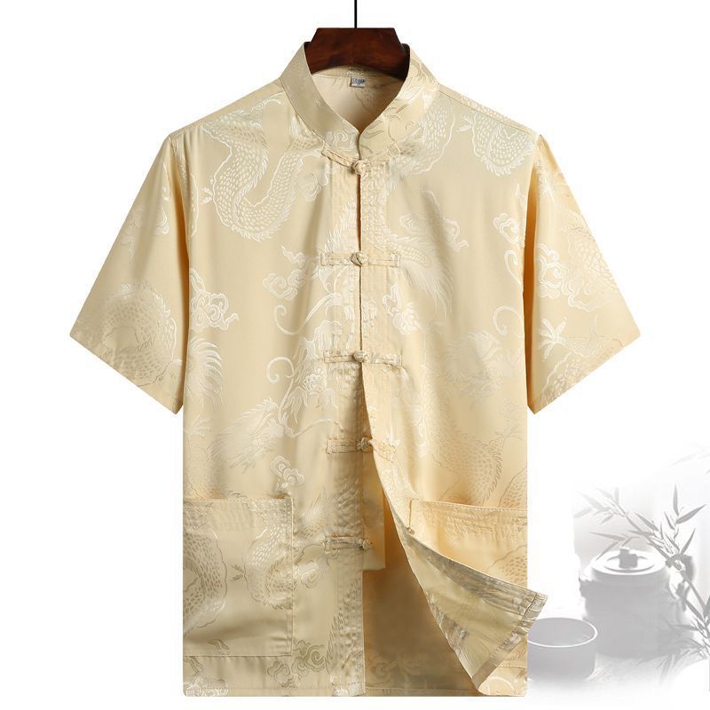 Summer Tang Men's Short-sleeved Top Middle-aged and Elderly Chinese Silk Ethnic Costume plus size Shirt with Buckle for Grandpa