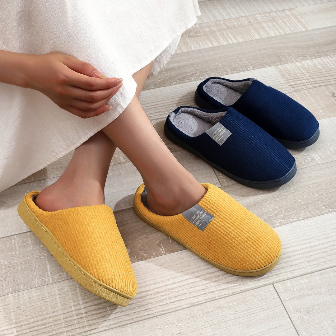 Classic Side Logo Corduroy Cotton Slippers for Couples Solid Color Home Indoor Slippers Simple Home Women's Slippers Wholesale
