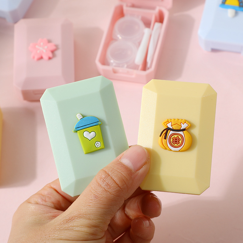 Cartoon contact lens case cute girl small portable eye contact care storage box with mirror glasses couple box