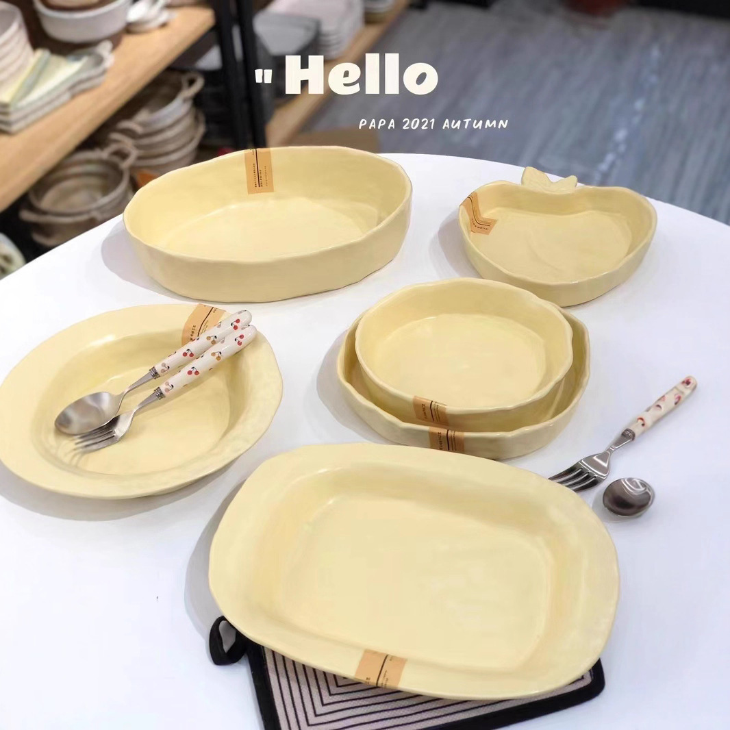 Hand Kneading Series Milk Yellow Style Household Ceramic Soup Dish Plate Peach Heart Plate Simple ins Style Salad Bowl Fruit Bowl