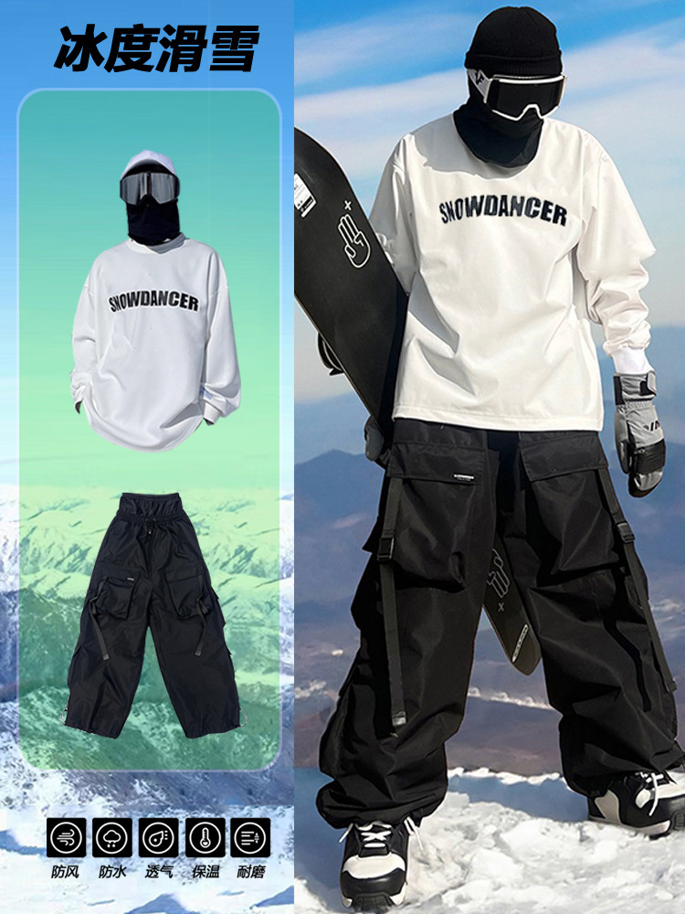 Ice Ski Suit American Multi-Flap Pocket Pants Outdoor Ski Suit Veneer Waterproof Thickeneded Warm Snow Pants for Men and Women