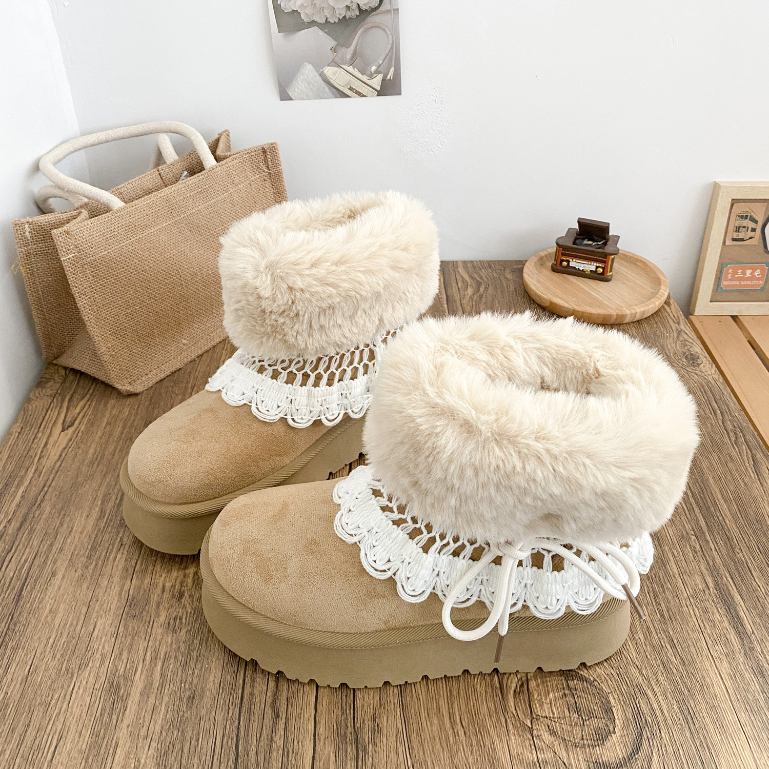 A6099-1 Snow Tube Dual-Wear Thick-Soled Snow Boots Women's Shoes 2025 New Winter Warm White Shoes Large Cotton Shoes