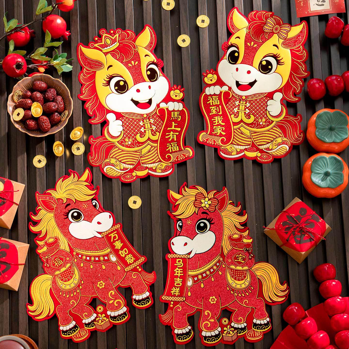 Наклейки на двери год лошади бархатныеCouplets 2026 весенний фестиваль Новый год зодиакальные наклейки на двери благословения украшения весеннего фестиваля