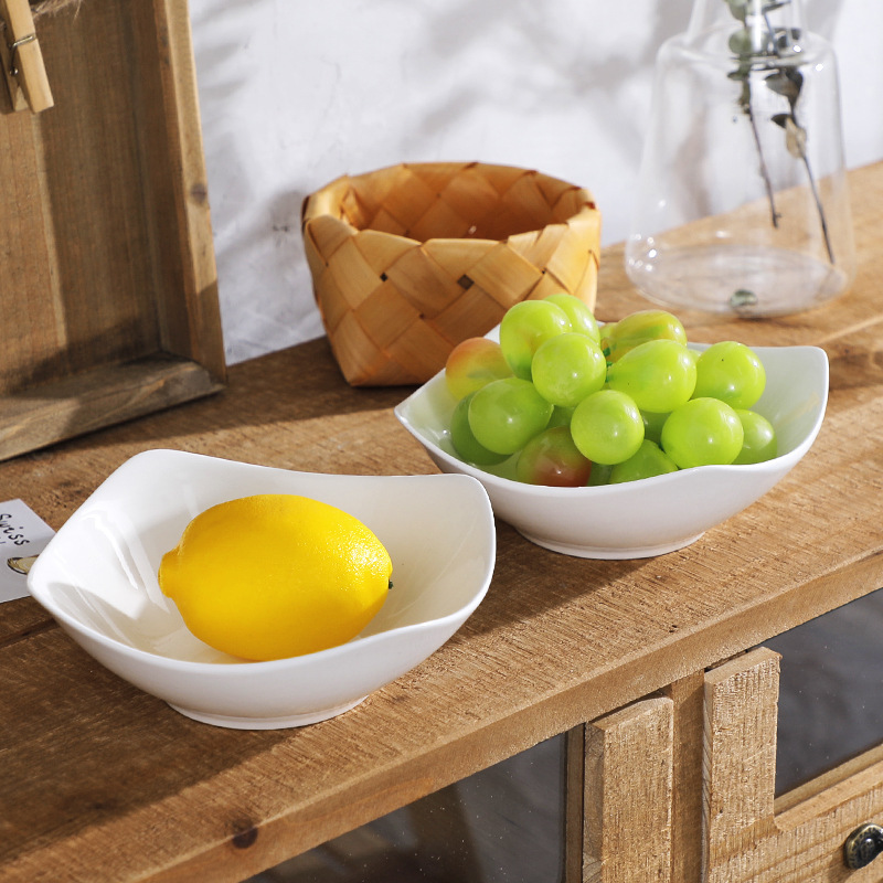 Set of 4 Corner Bowls for Home Use 8inch Pure White Cold Dish Plates Vegetable and Fruit Salad Bowls Ceramic Raised Foot Bowls Corner Plates