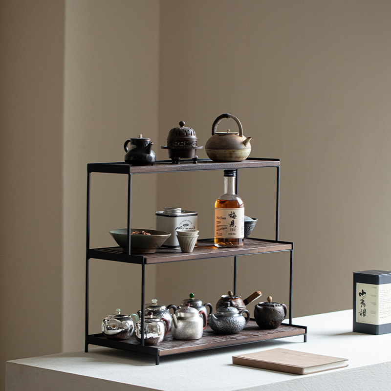 Wrought Iron Solid Wood Three-Layer Trapezoidal Tea Shed Tea Set Teapot Storage Display Cabinet Cup Holder Storage Rack Tea Set Rack