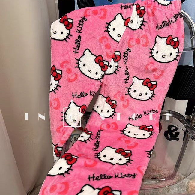 Экспортные пижамные штаны с мультяшным котом КТ, утолщенные женские коралловые флисовые штаны для осени и зимы, повседневные фланелевые пижамные штаны, уличная одежда