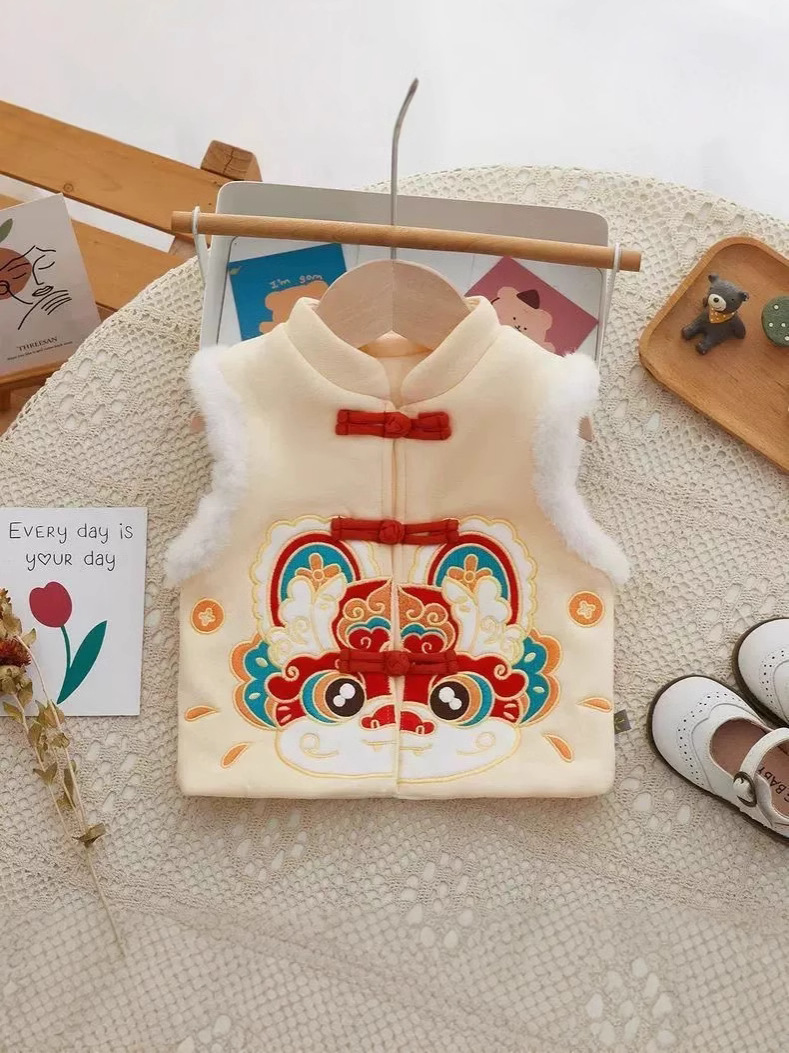 Children's Vest Winter Fleece-Lined Baby Vest Chinese Style Lion Dance Vest for Boys and Girls Kidsren's Winter New Year Clothing