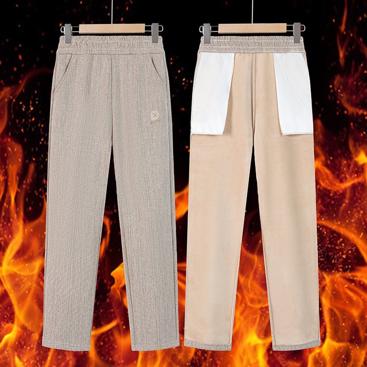 Fleece-Lined Thickened Mom Pants Warm Elastic Waist Straight-Leg Women's Pants Plus Size Middle-Aged and Elderly Loose Casual Long Pants