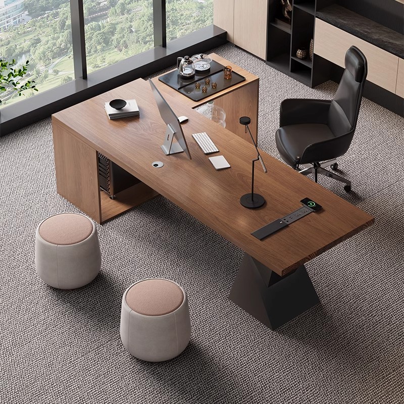 Simple Modern Solid Wood Desk with Tea Table Integrated President Boss Desk Executive Desk Light Luxury and High-End Sense