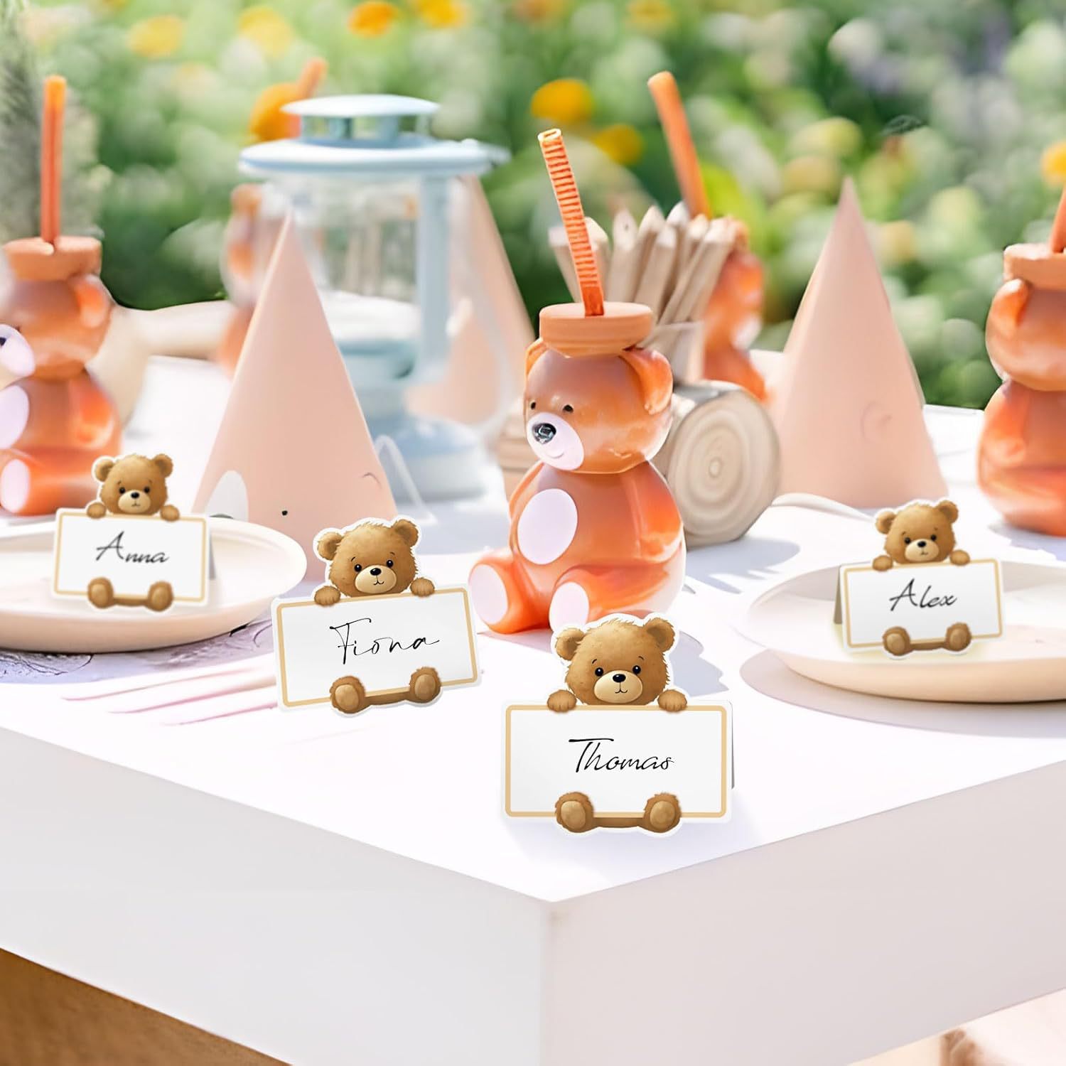 Bear Table Setting Cards, Playful Brown Teddy Bear Foldable Card Tent and Blank Name Cards