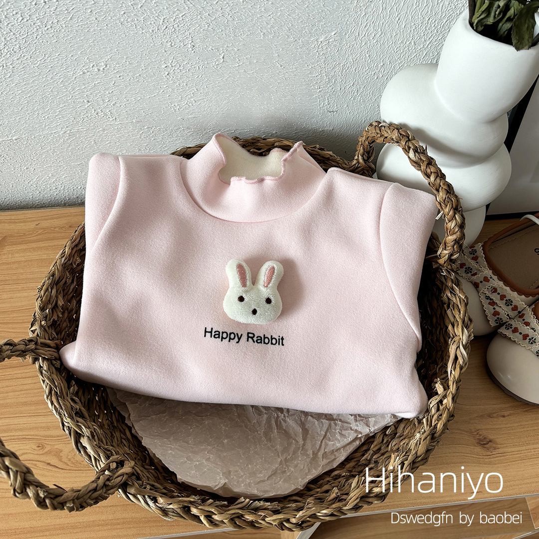 Girls Base Shirt Fleece Half High Collar Autumn and Winter New fleece-lined Children's Long Sleeve Thickened T-Shirt Korean Baby Top