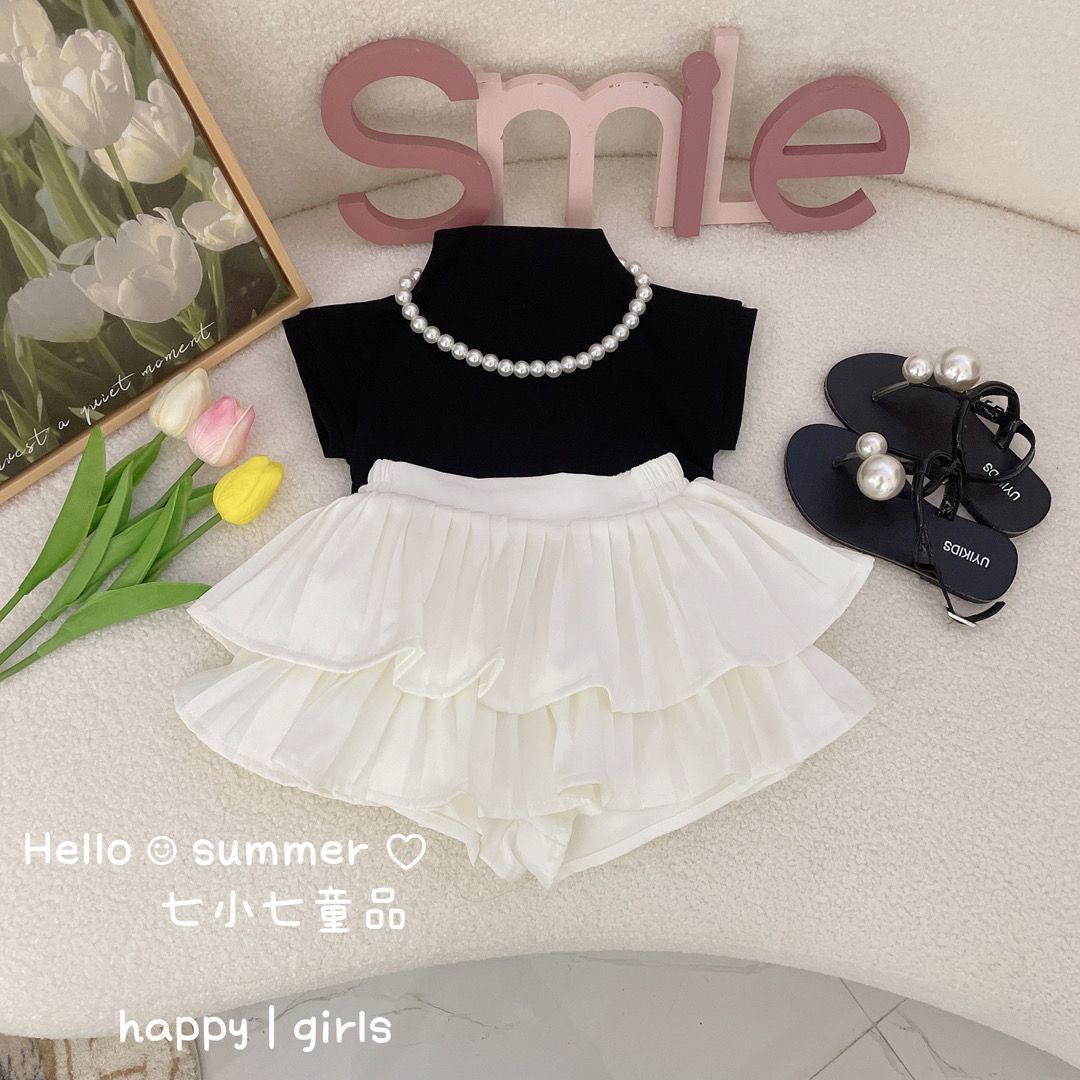Baby Girl Summer Suit 2023 New Girls Summer Short-Sleeved Pleated Skirt Two-Piece Set Girls Summer Princess Skirt