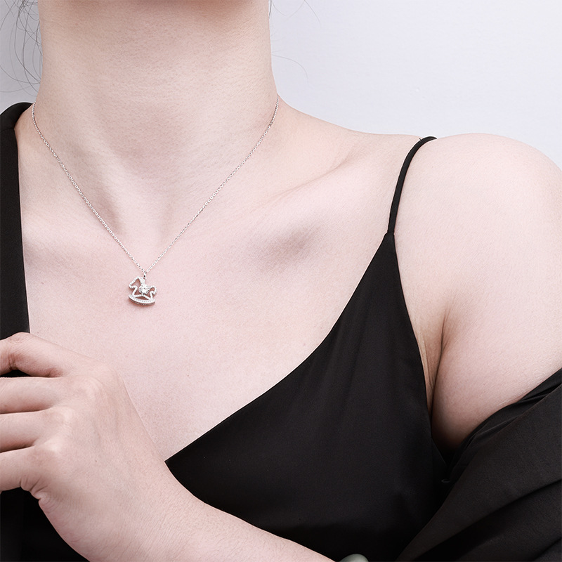 Fairy Tale Rocking Horse Necklace for Women in Summer, Cute Literary and Creative Clavicle Chain, Silver Moissanite Necklace, High-End Sterling Silver