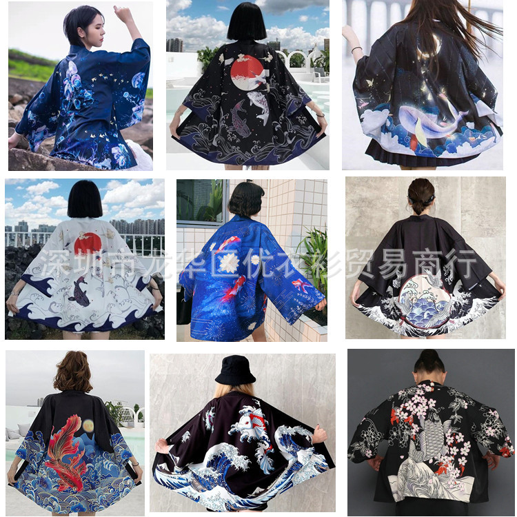 2024 кросс-бордовый новый японский карп цифровая печать кимоно мужское и женское плащ куртка пижама кардиган лето