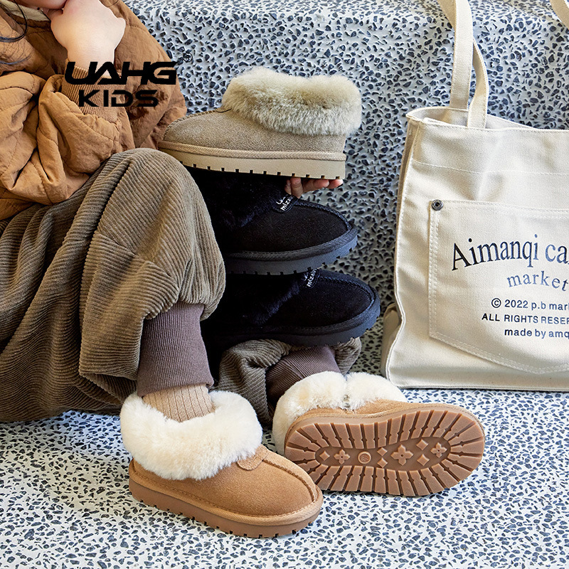 Girls' low-top snow boots children's snow cotton suede lamb wool mouth fleece-lined thickened baby cotton shoes side zipper