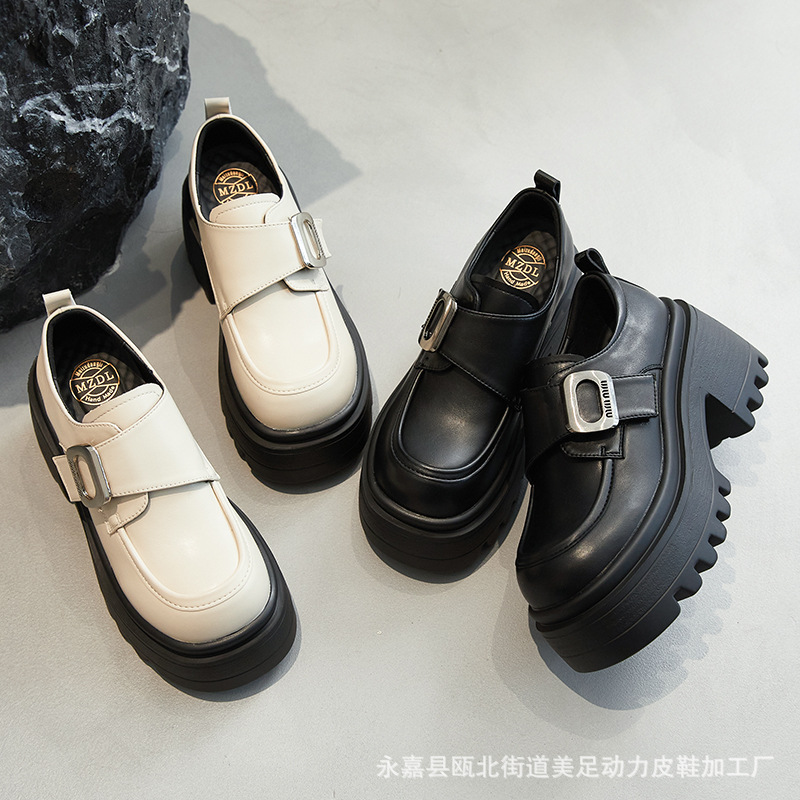 Meidian Power British Style Thick-Soled Small Leather Shoes for Women 2024 New Round Toe Easiest for Match Heightening Loafers Thick Heel Single Shoes