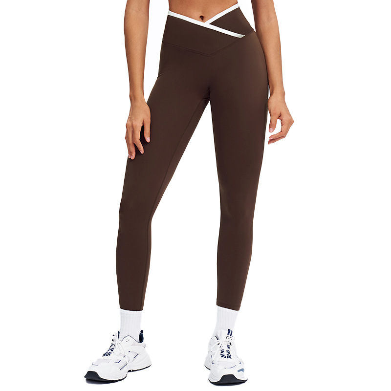 Cross-Border Nude Tight Yoga Pants Cross High Waist Contrast Color Tights Women's Sports Running Fitness Pants 9253
