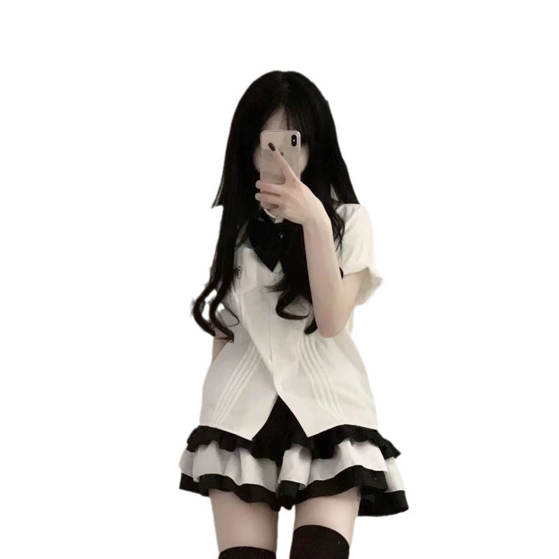 Shirt + cake skirt two-piece summer soft girl short-sleeved shirt female Japanese suit student jk uniform top