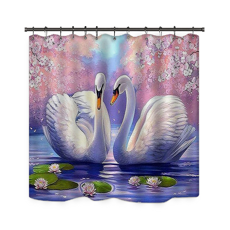Factory custom digital printing shower curtain landscape bird polyester waterproof mildew proof bathroom partition curtain bathroom four-piece set