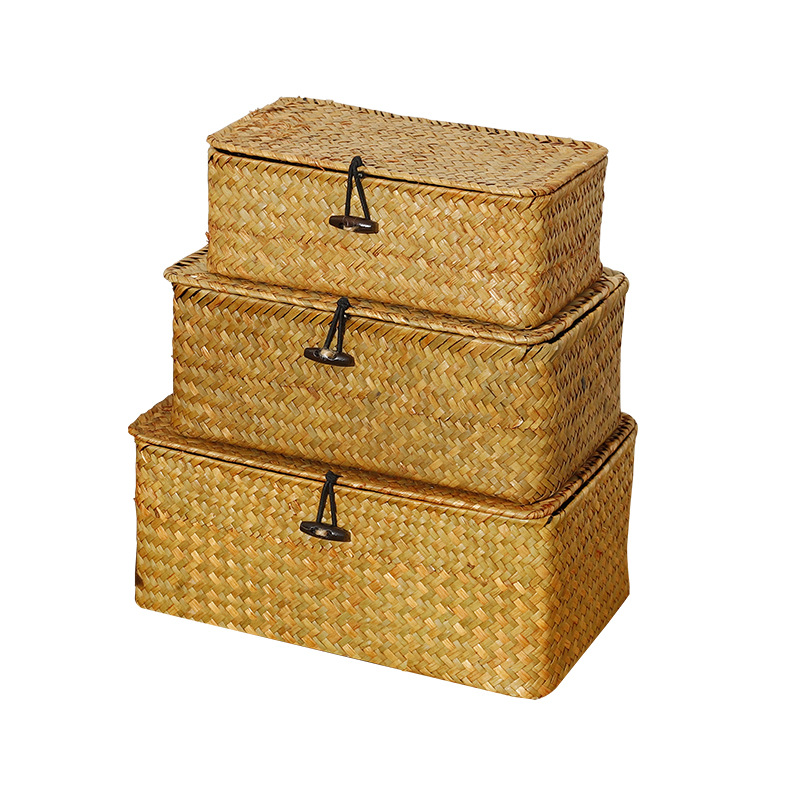 Handmade Straw Storage Basket Desktop Finishing Wedding Accompanying Gift Box Artistic Pastoral Household Supplies Storage Box with Lid