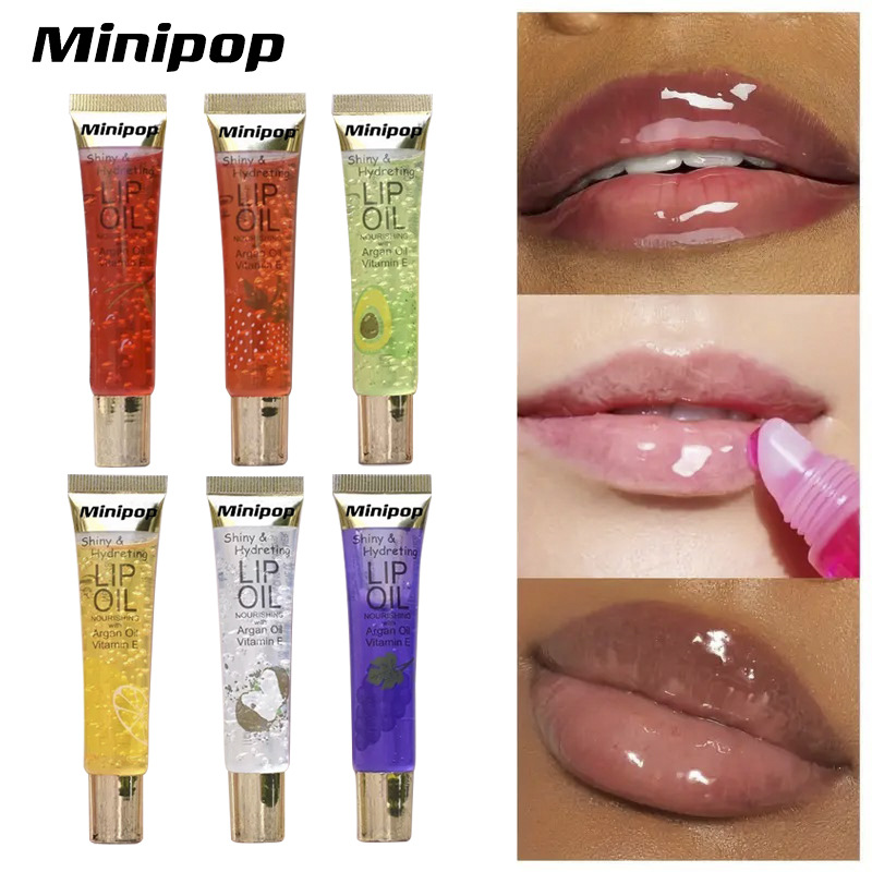 Cross-Border Popular Fruit Lip Oil Minipop Transparent Texture Lip Oil Hydrating and Moisturizing High-Gloss Lip Gloss Soft Tube Water