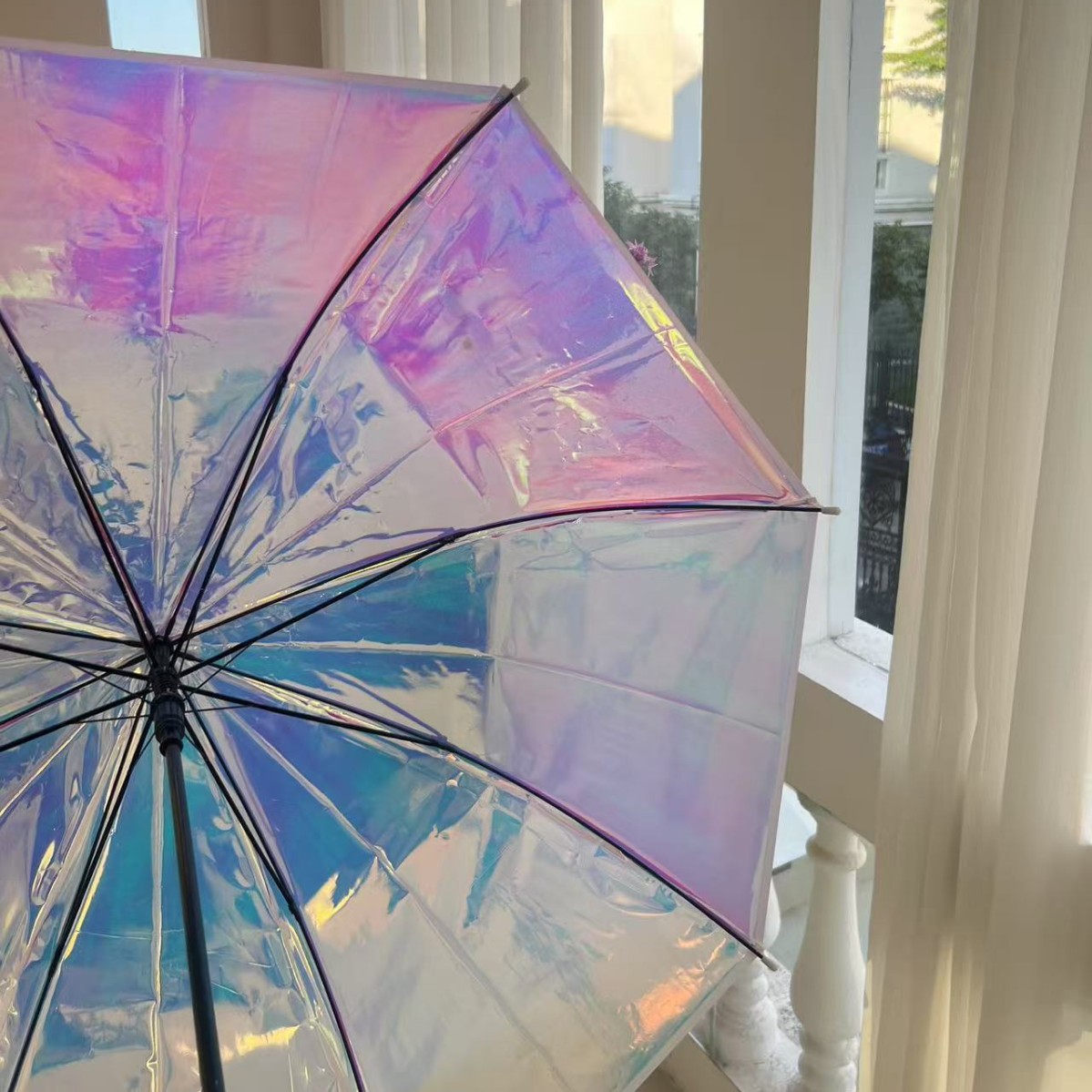 Aurora Laser Phantom Long-Handled Umbrella Automatic Rain or Shine Women's Large Ins High-Value Pure Color Transparent Umbrella